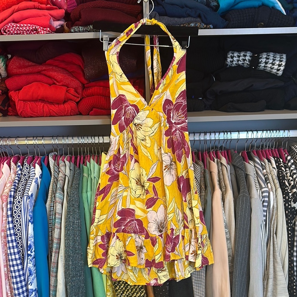 BOG Collective mustard/burgundy floral print halter neck tie back dress size XS